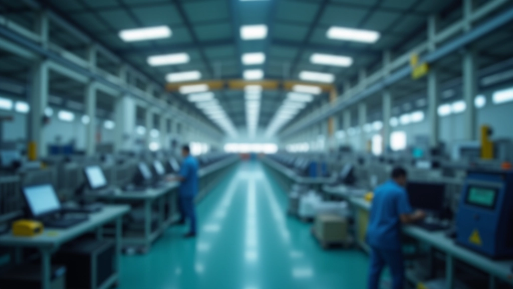 Manufacturing facility interior showing industrial equipment and production floor with workers